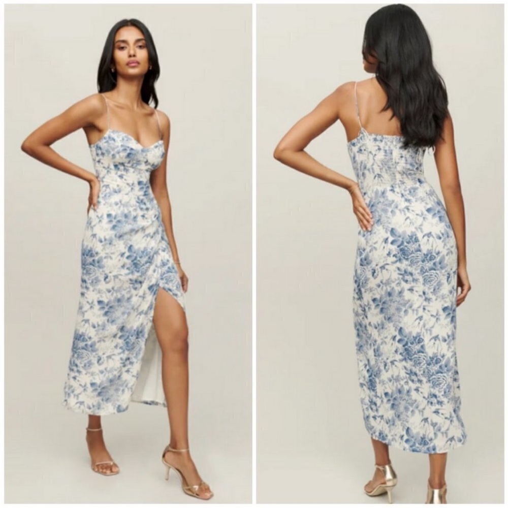 Reformation Kourtney Pompadour White and Blue Floral Midi Dress - size 0 petite - Picture 2 of 6